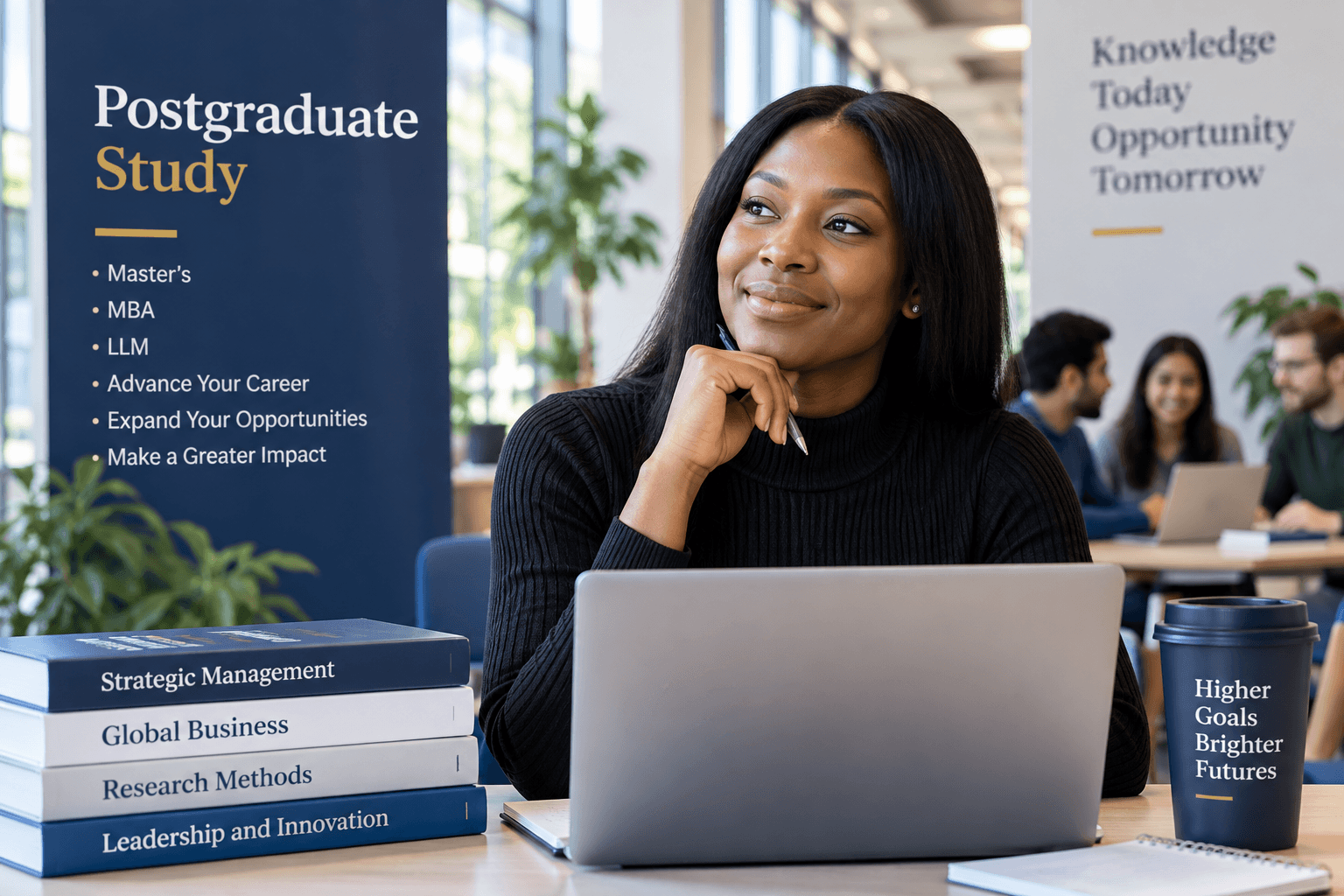 Postgraduate learner planning her next stage of study in a university library