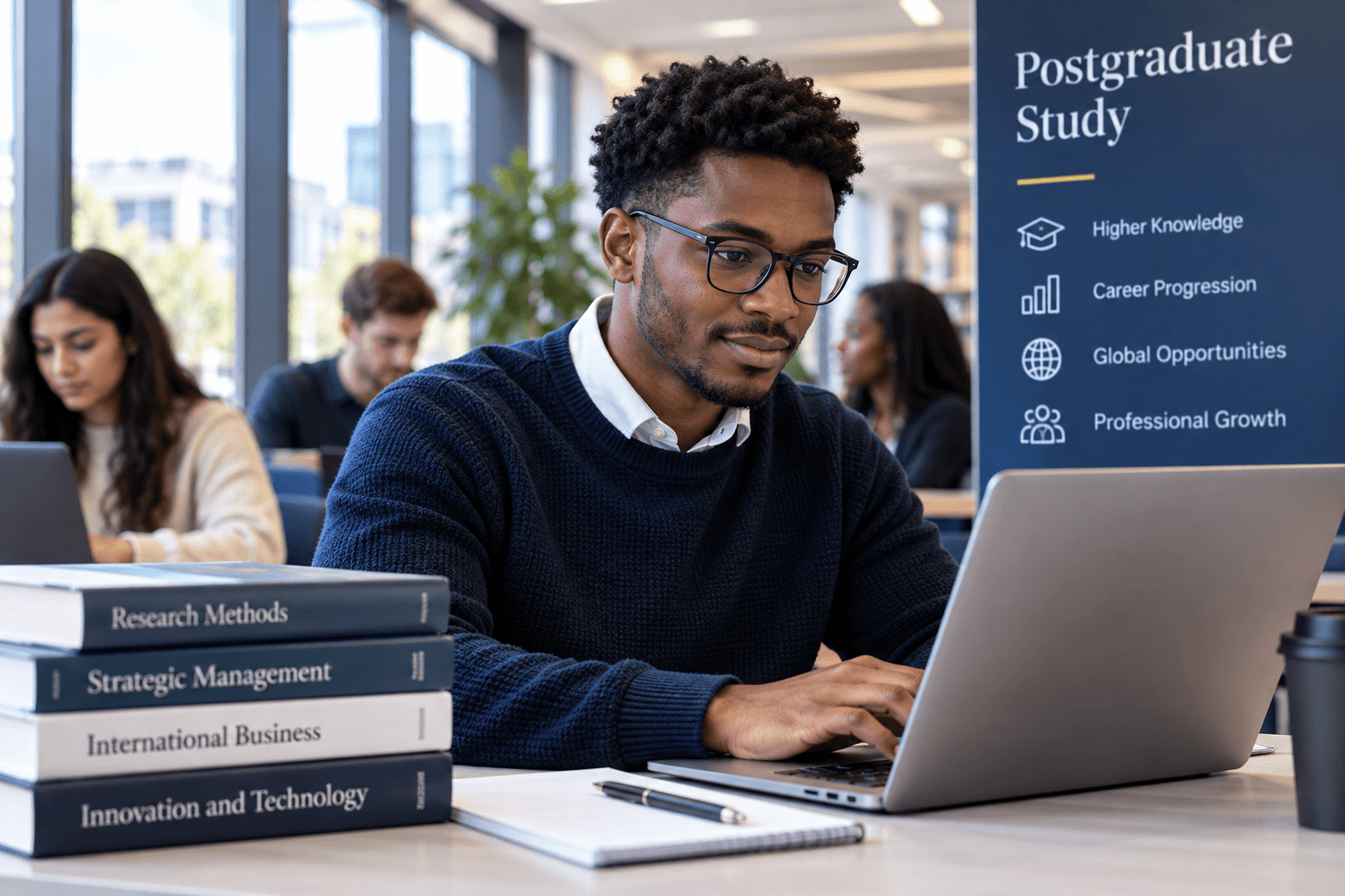 Postgraduate student working on a laptop in a modern university study space