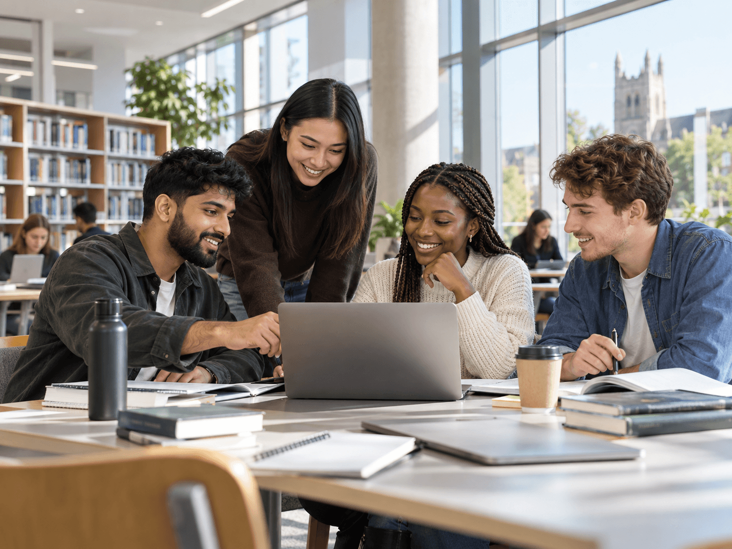 Adult learners reviewing academic work together in a modern university library