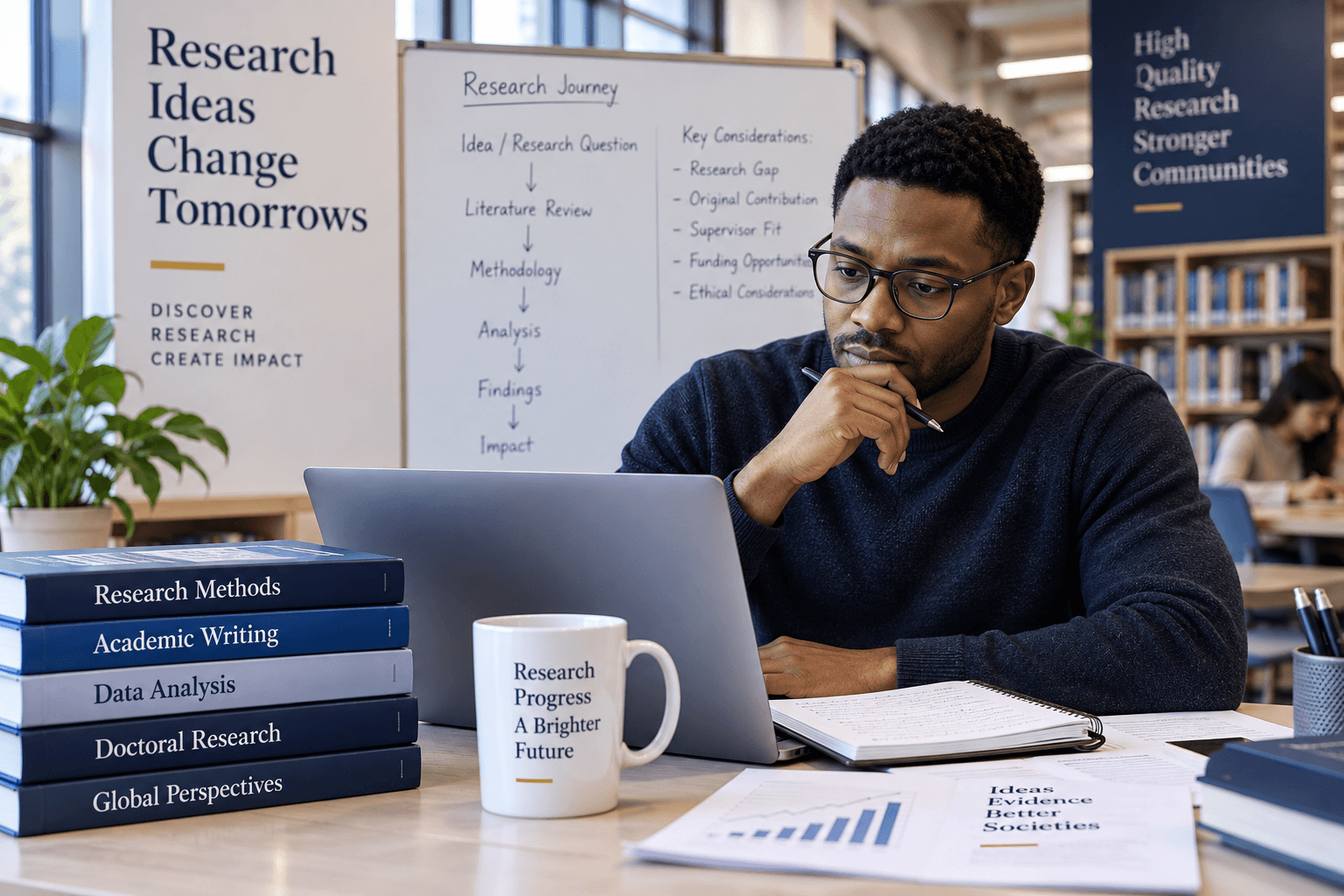 Doctoral researcher developing a research journey beside academic books and a laptop