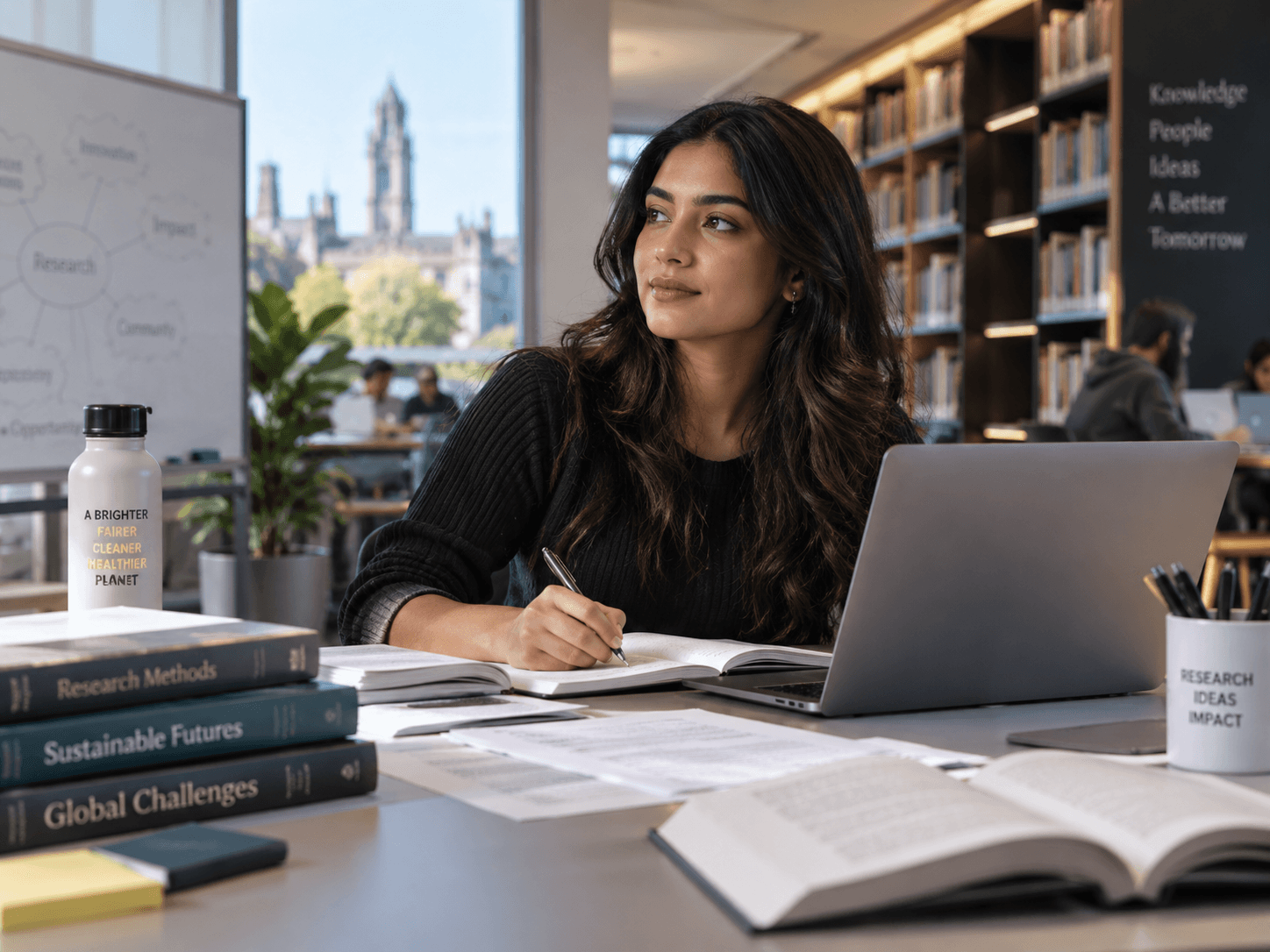 Postgraduate researcher reviewing notes beside a laptop in a university library