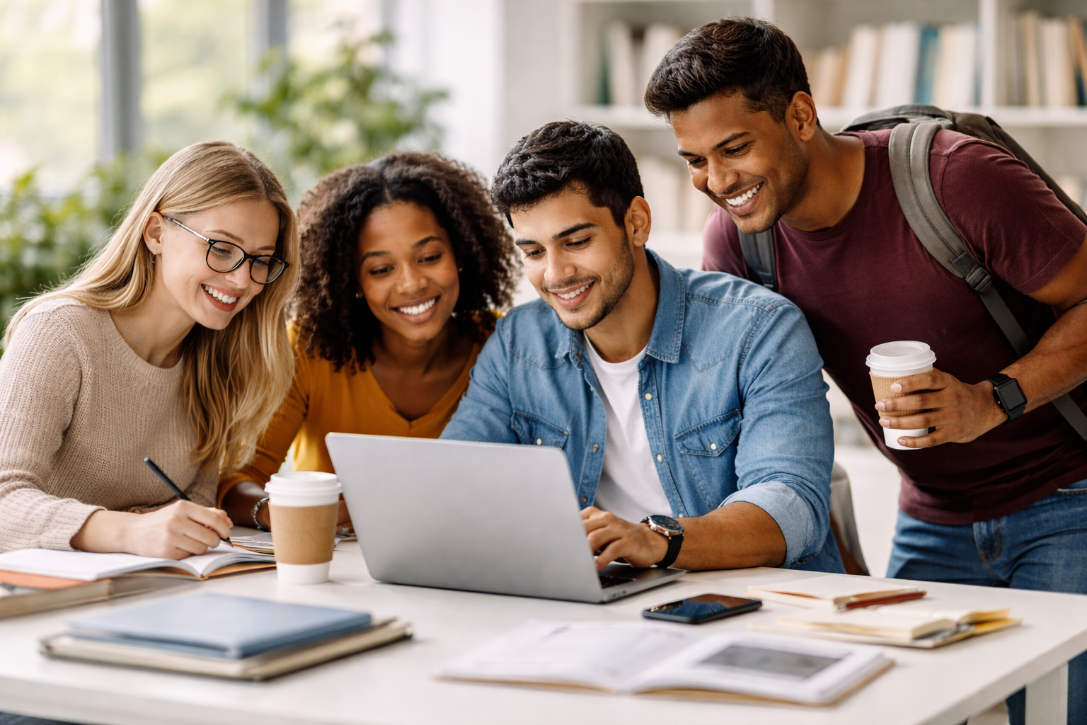 Diverse university students studying together and planning their education pathways